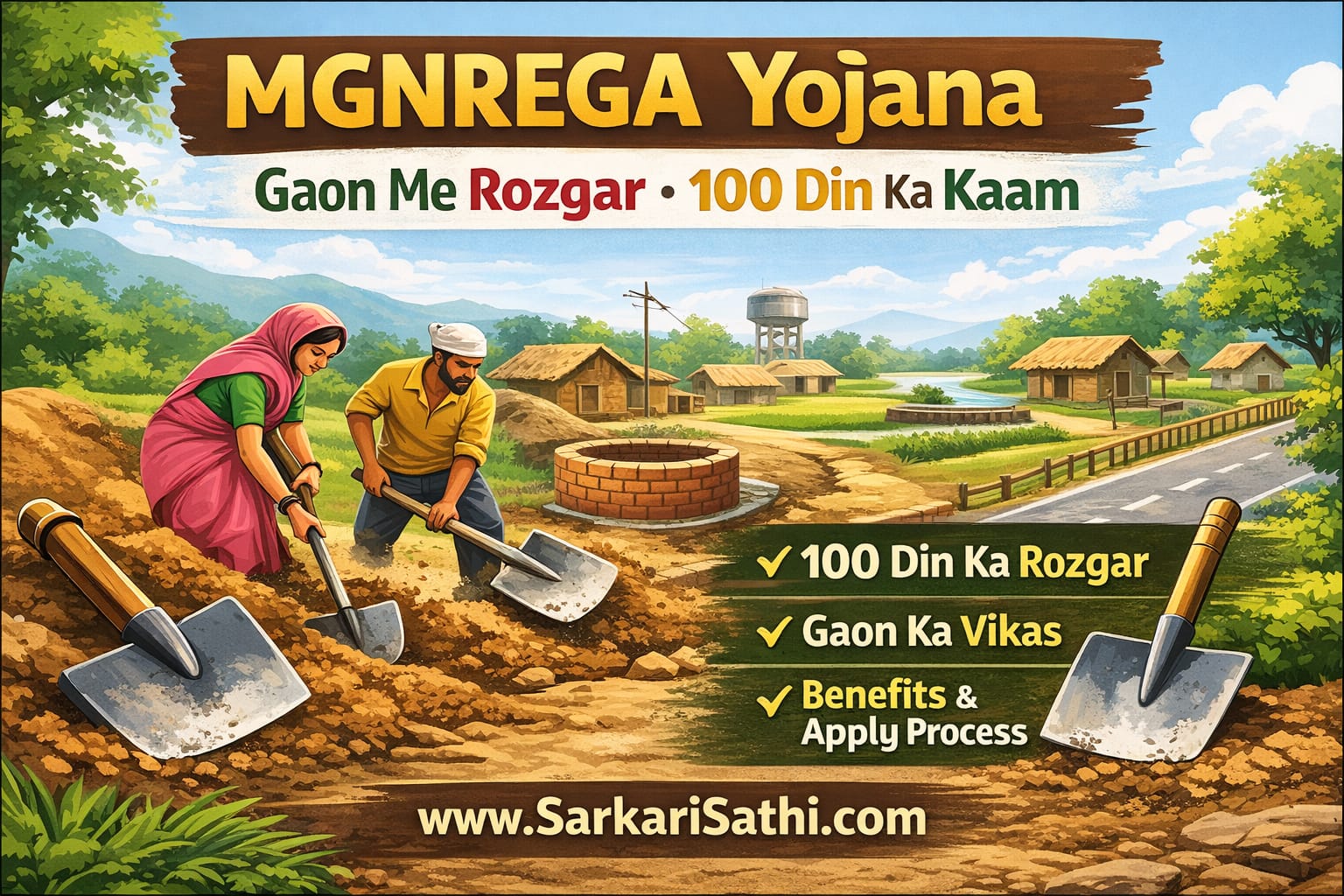 MGNREGA Yojana thumbnail showing rural workers, kudal belcha tools and village development for 100 days employment